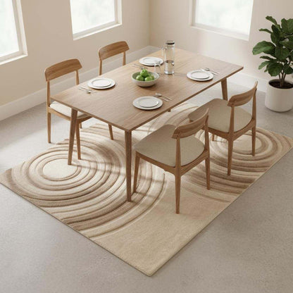 Japandi-inspired beige area rug with organic circle pattern adding warmth and calm to home décor
