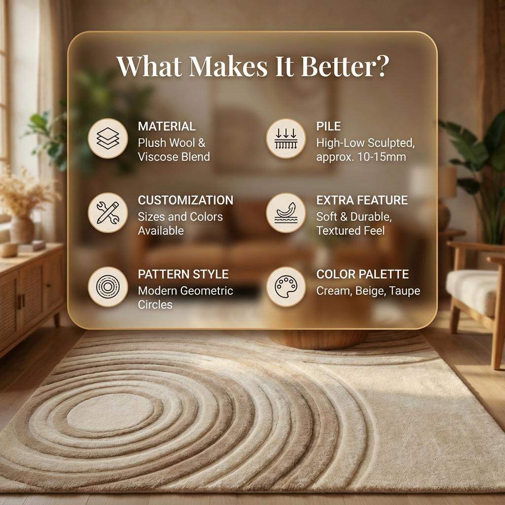 Modern beige neutral area rug with sculpted circle texture, soft plush and durable carpet for minimalist and Japandi style rooms