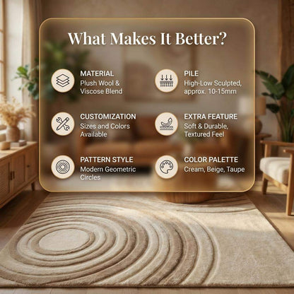 Modern beige neutral area rug with sculpted circle texture, soft plush and durable carpet for minimalist and Japandi style rooms
