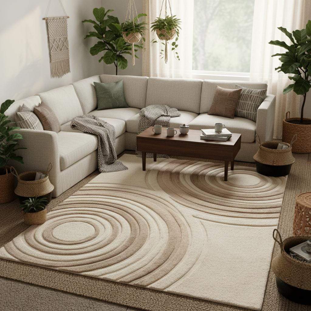 Soft plush modern rug with raised sculpted pattern in neutral colors for living room or bedroom décor
