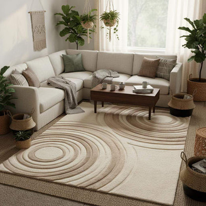 Soft plush modern rug with raised sculpted pattern in neutral colors for living room or bedroom décor