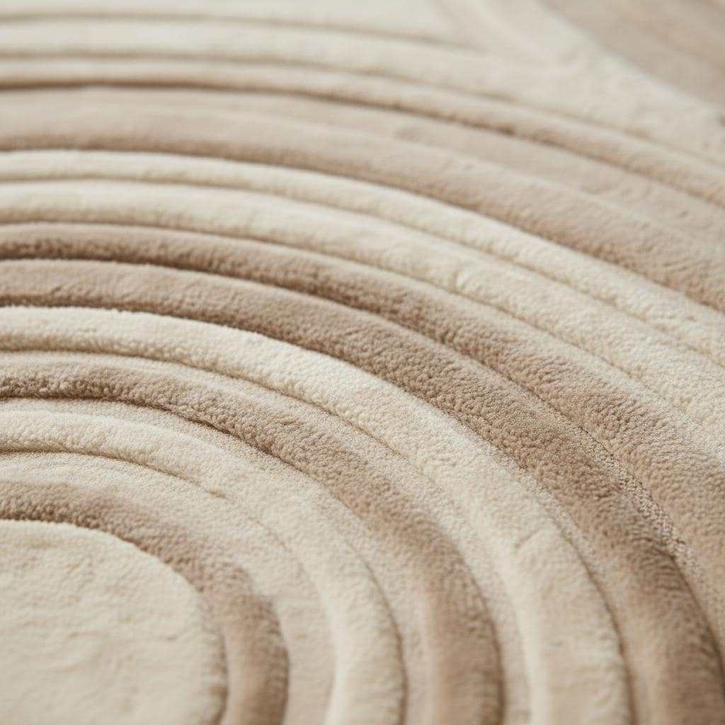 Modern neutral area rug with beige sculpted circle texture, soft plush and durable carpet for minimalist and Japandi style rooms