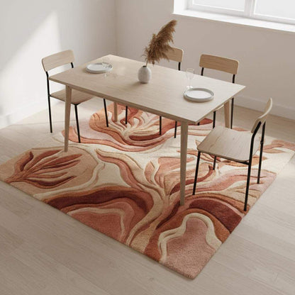 Abstract boho rug with textured terracotta floor design and organic leaf pattern for modern living room decor