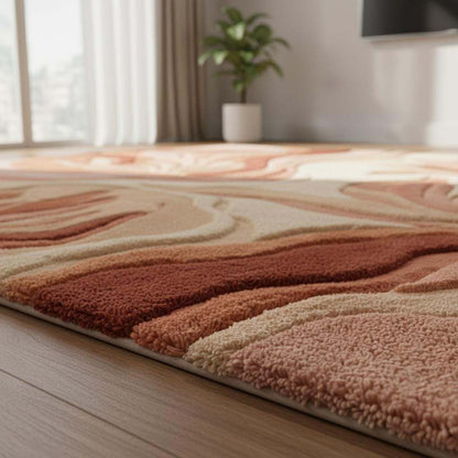 Abstract boho rug with textured terracotta floor and organic leaf design for modern living rooms