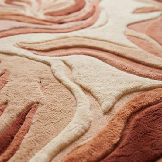 Close-up detail of a handmade tufted rug showing textured wool and stitching