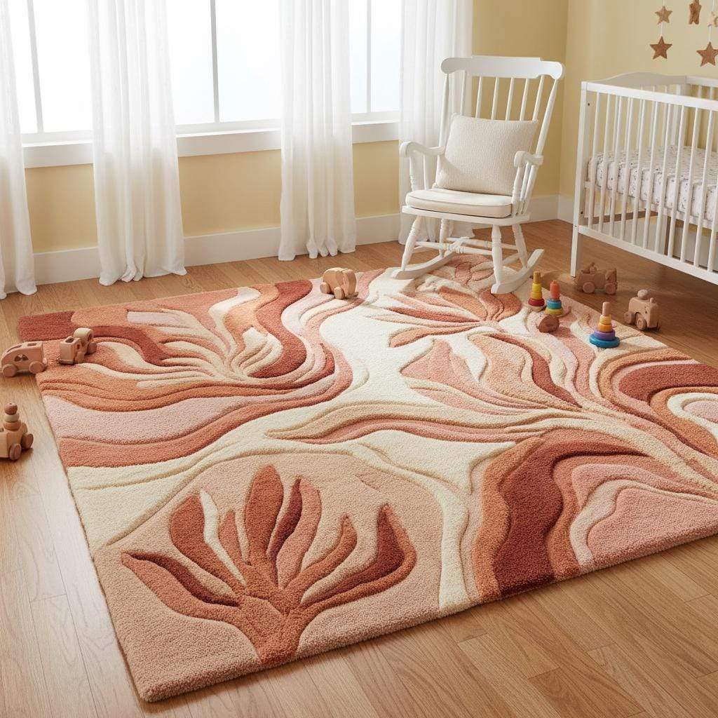 Mid century modern area rug with abstract botanical shapes and plush textured surface