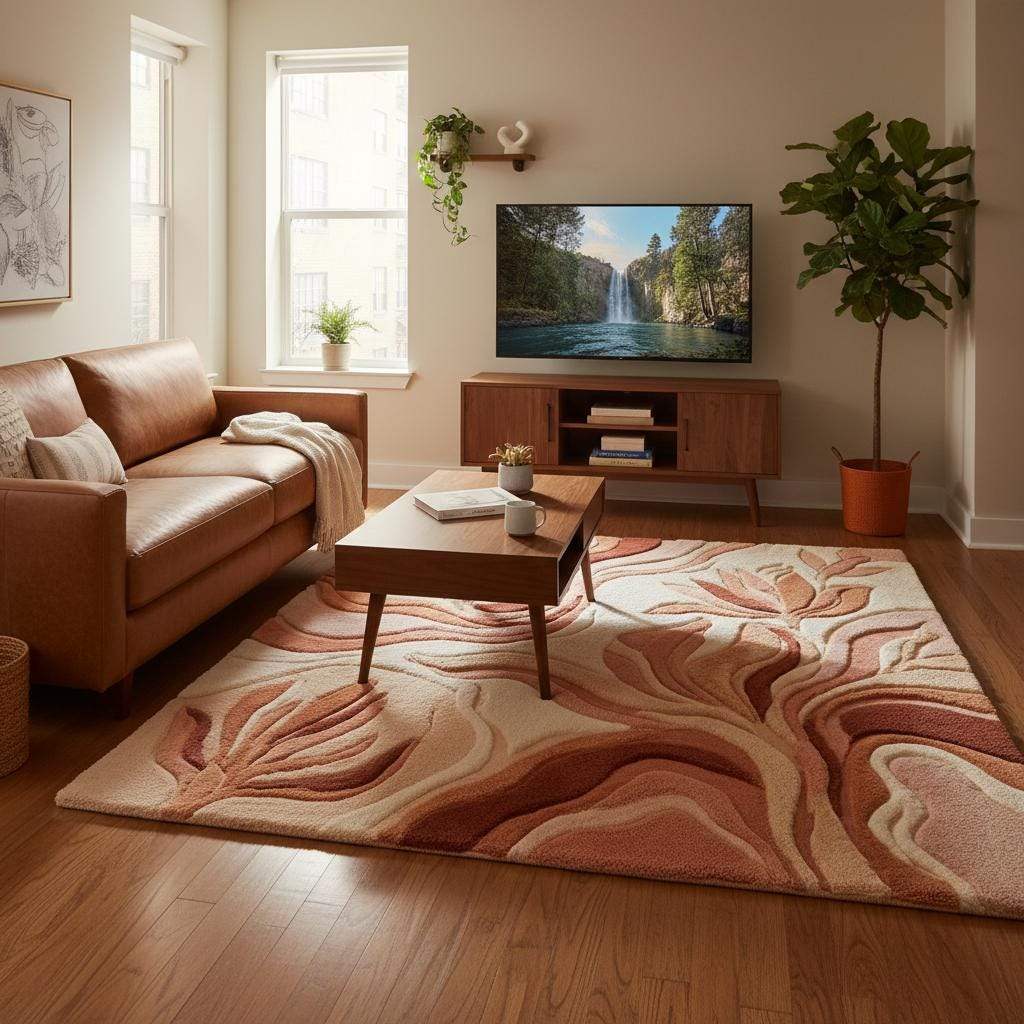 Neutral terracotta statement rug styled with plants and minimalist furniture