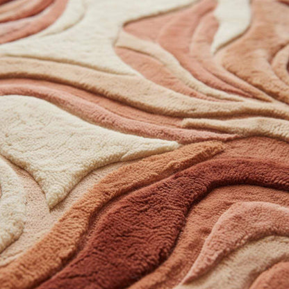 Abstract boho rug with textured terracotta tones and organic leaf design for modern living rooms