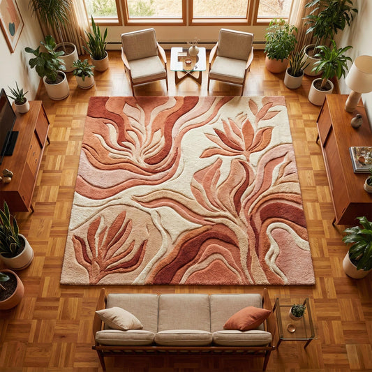 Abstract boho rug with organic leaf design and neutral terracotta tones on textured floor