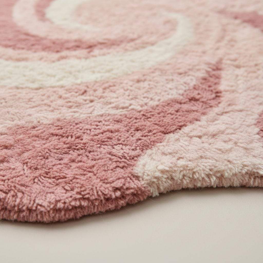 Close-up detail of a handmade tufted rug showing textured wool and stitching
