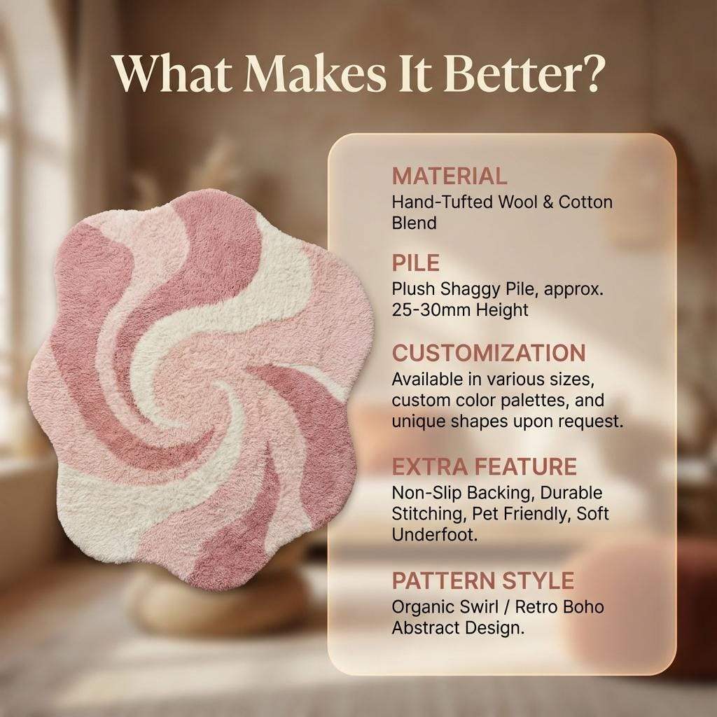 Pink abstract rug with irregular shape and wavy swirl pattern in soft plush shag material