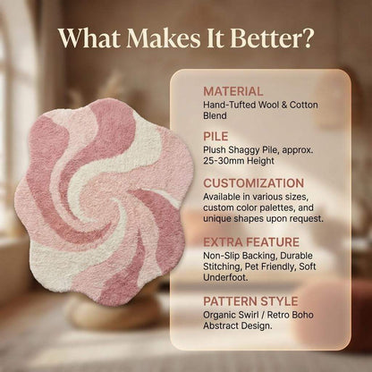 Pink abstract rug with irregular shape and wavy swirl pattern in soft plush shag material