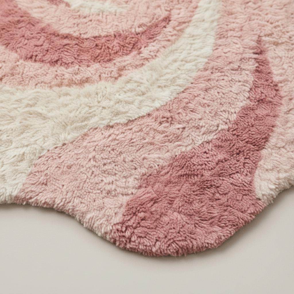 Pink abstract rug with irregular shape and wavy swirl pattern in soft plush shag material