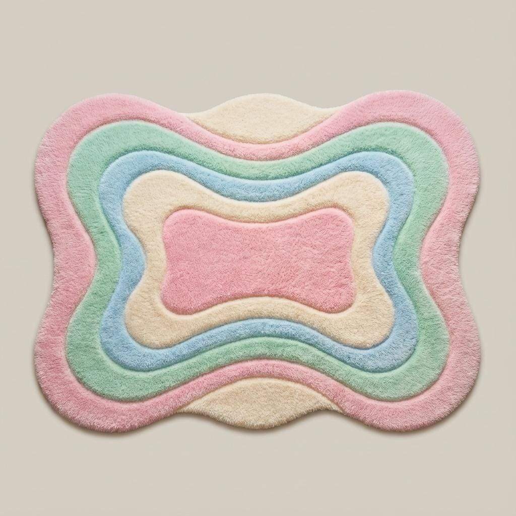 Soft plush tufted pastel rug featuring curved layered design, perfect as a cozy living room or bedroom statement floor rug