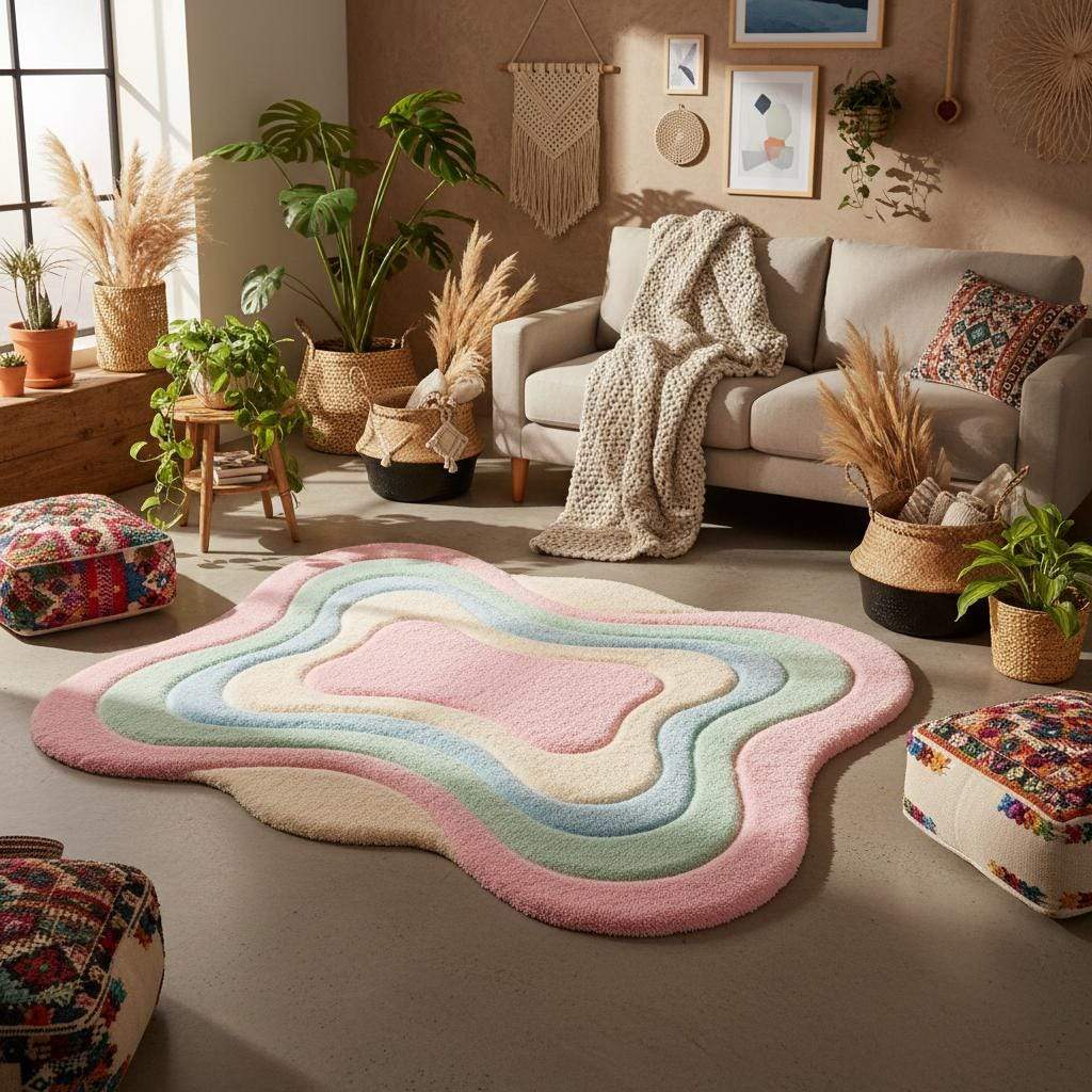 Abstract pastel area rug with thick shag texture and wavy edges, ideal for modern nursery, playroom, or aesthetic home decor