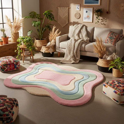 Abstract pastel area rug with thick shag texture and wavy edges, ideal for modern nursery, playroom, or aesthetic home decor