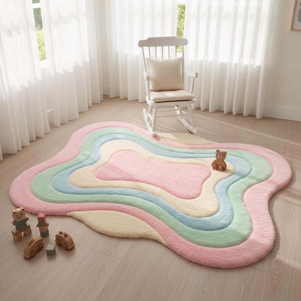 Tufted wavy area rug in calming pastel colors, styled as a cozy bedroom or bedside rug with natural wood furniture
