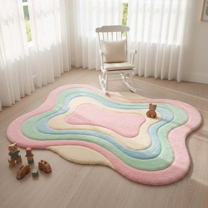 Tufted wavy area rug in calming pastel colors, styled as a cozy bedroom or bedside rug with natural wood furniture
