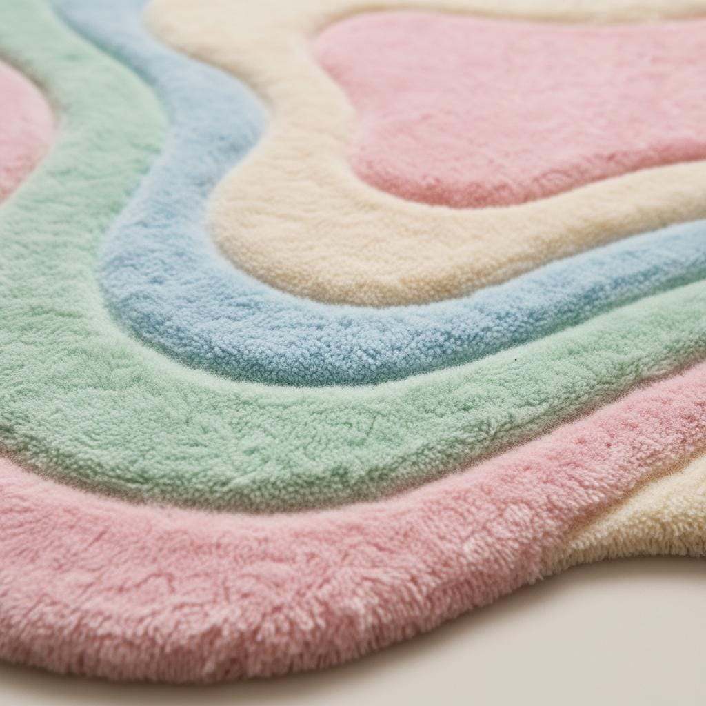 Wavy pastel shag rug with soft plush texture and abstract boho design in pink, green, blue, and cream colors