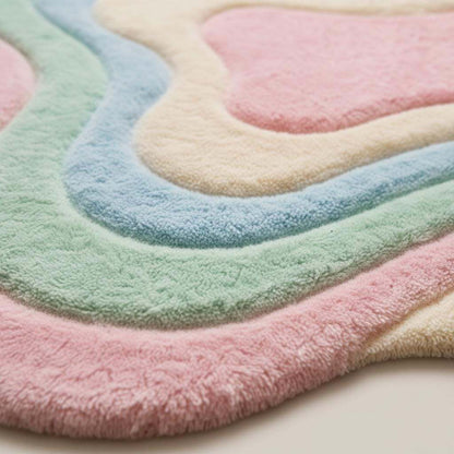 Wavy pastel shag rug with soft plush texture and abstract boho design in pink, green, blue, and cream colors
