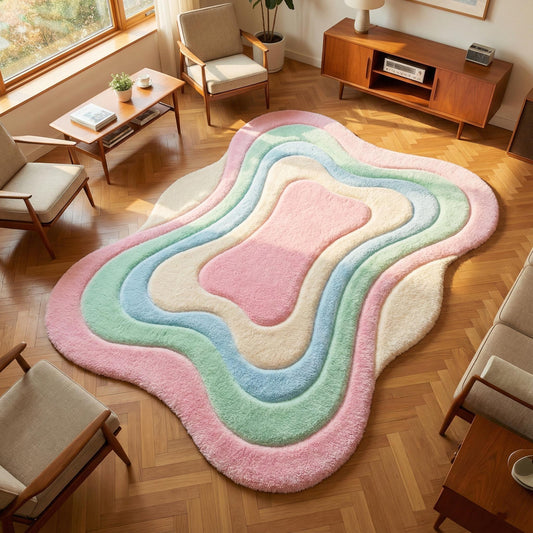 Soft plush wavy pastel shag rug with abstract boho design and calming colors for living rooms and nurseries