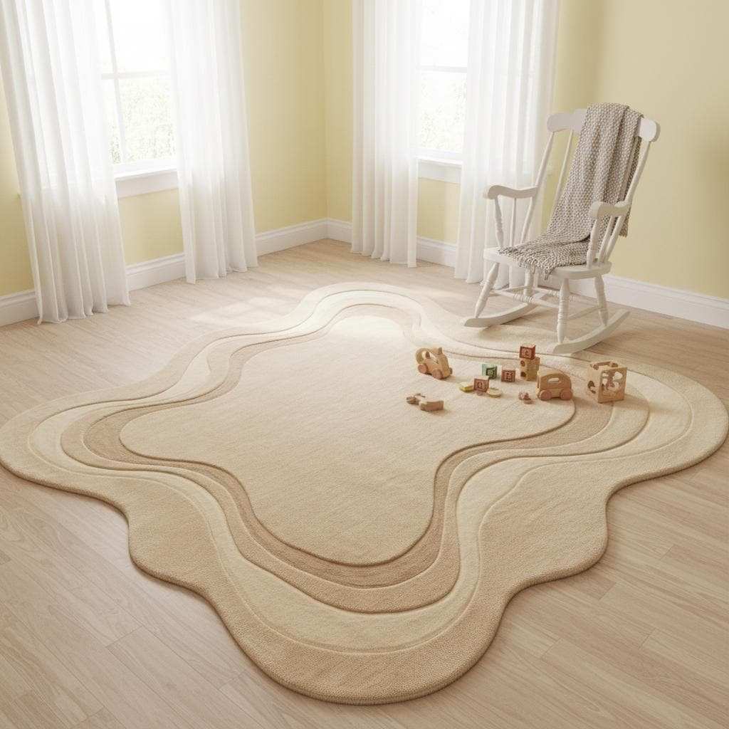 Organic irregular shaped hand tufted wool rug in neutral minimalist living room setting