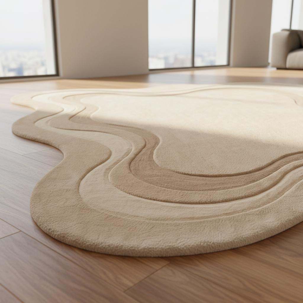 Curved organic area rug with layered contour design placed on herringbone wood flooring