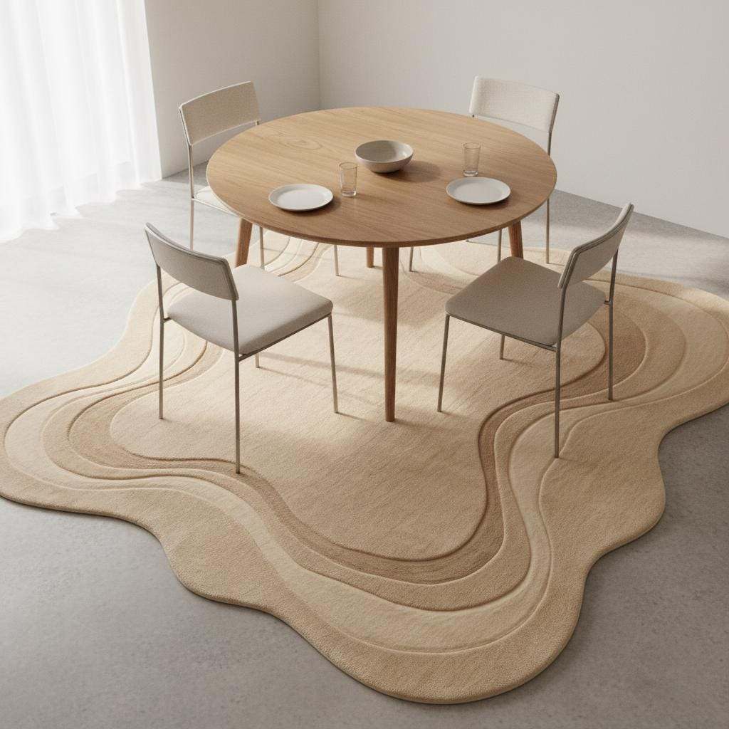 Abstract organic rug creating a calm luxury atmosphere in a contemporary home setting