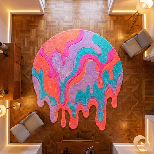 Abstract round shag rug with colorful melting drip design and plush texture for modern interiors