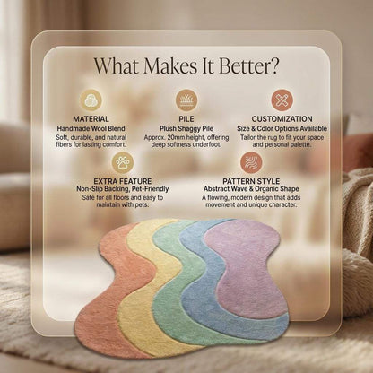 Pastel wavy rug with plush shag fibers and pastel rainbow palette in boho style carpet design