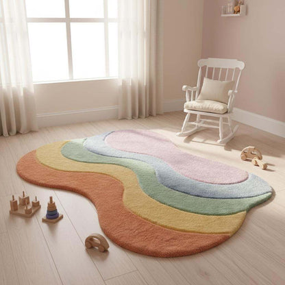 Colorful wavy floor rug styled in cozy minimalist living room