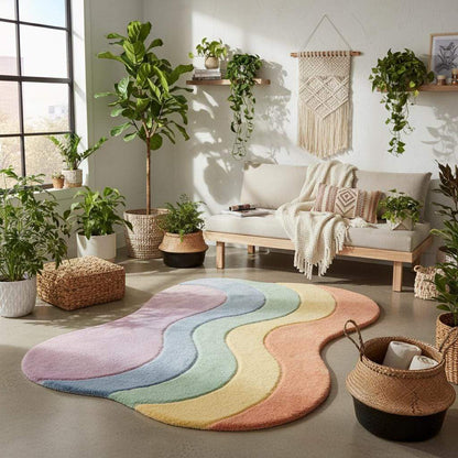 Abstract pastel shag rug adding warmth and artistic style to home interior