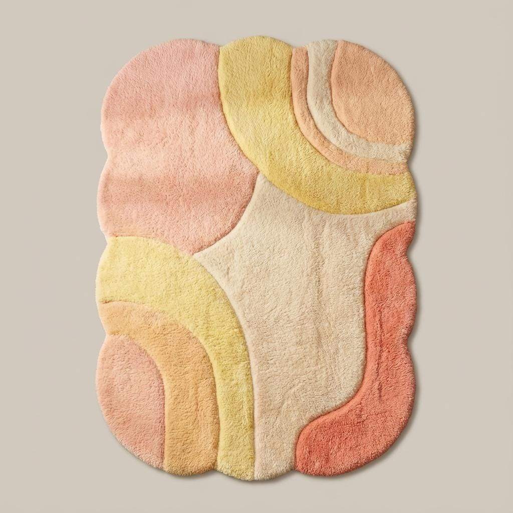 Plush tufted area rug featuring sculptural abstract design and soft pastel colors, perfect for modern boho living room decor.