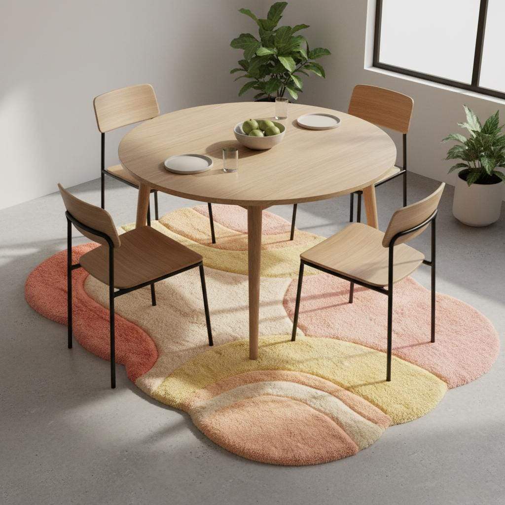 Abstract boho area rug with organic shape, plush pastel tufted carpet in peach, blush, cream, and beige tones.