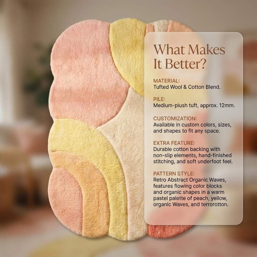 Abstract boho area rug with organic shape, plush pastel tufted carpet in peach, blush, cream, and beige tones