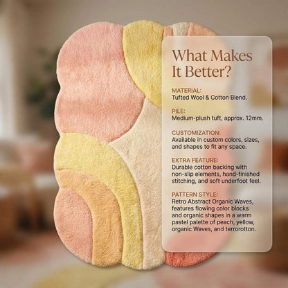 Abstract boho area rug with organic shape, plush pastel tufted carpet in peach, blush, cream, and beige tones
