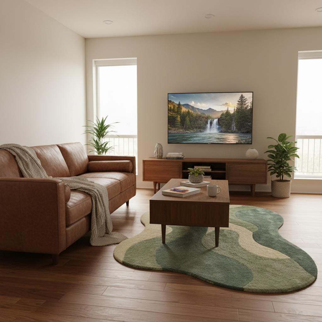 Plush sage green modern rug with flowing abstract pattern, perfect for living room or bedroom decor