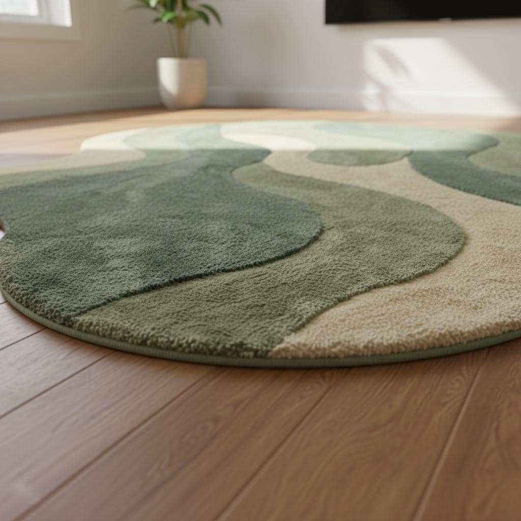 Organic shape area rug in sage green with abstract plush texture for living room and bedroom decor