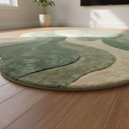 Organic shape area rug in sage green with abstract plush texture for living room and bedroom decor