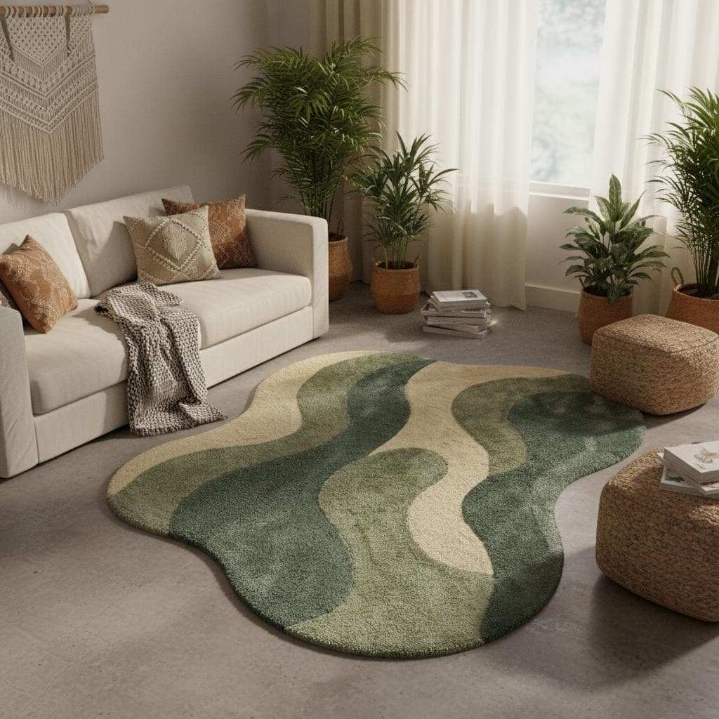 Scandinavian style abstract area rug in muted green shades, organic shape statement floor rug