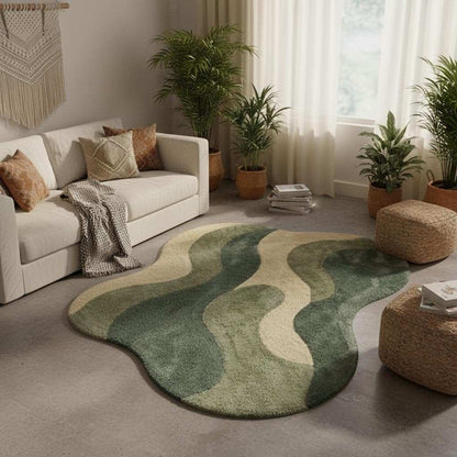 Scandinavian style abstract area rug in muted green shades, organic shape statement floor rug