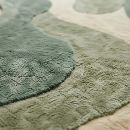 Sage green organic shape area rug with plush abstract design for modern living room and bedroom decor
