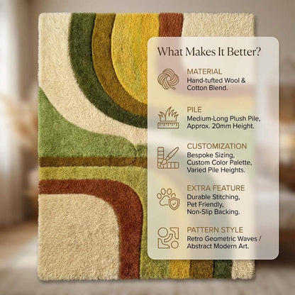 Retro boho area rug with abstract shag pattern and earth tone colors in plush texture