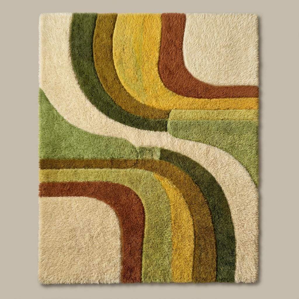 Abstract mid century modern rug featuring curved lines in olive green, mustard yellow, burnt orange, and cream tones
