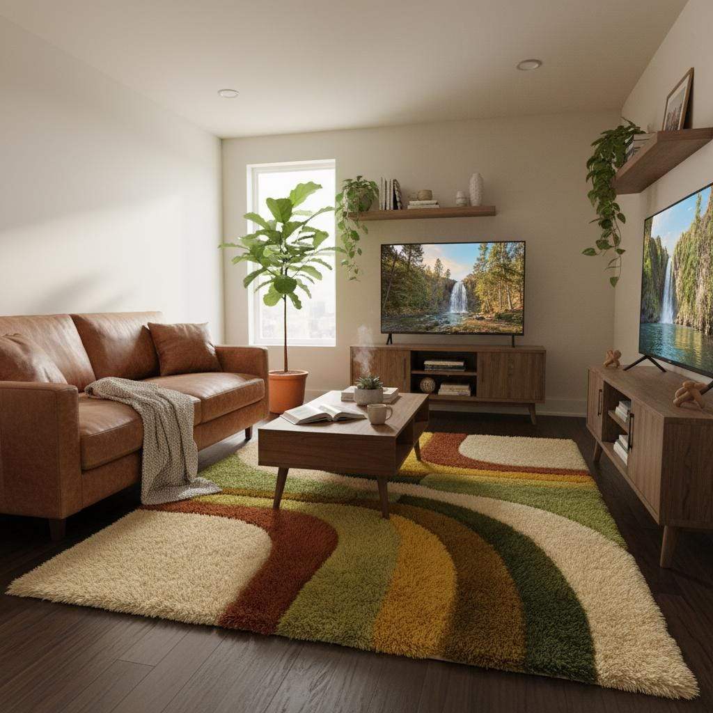 Earth tone abstract rug with flowing wavy pattern, soft texture, and artistic boho aesthetic on wood flooring