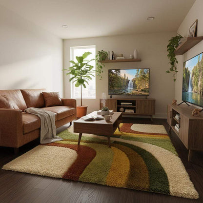 Earth tone abstract rug with flowing wavy pattern, soft texture, and artistic boho aesthetic on wood flooring
