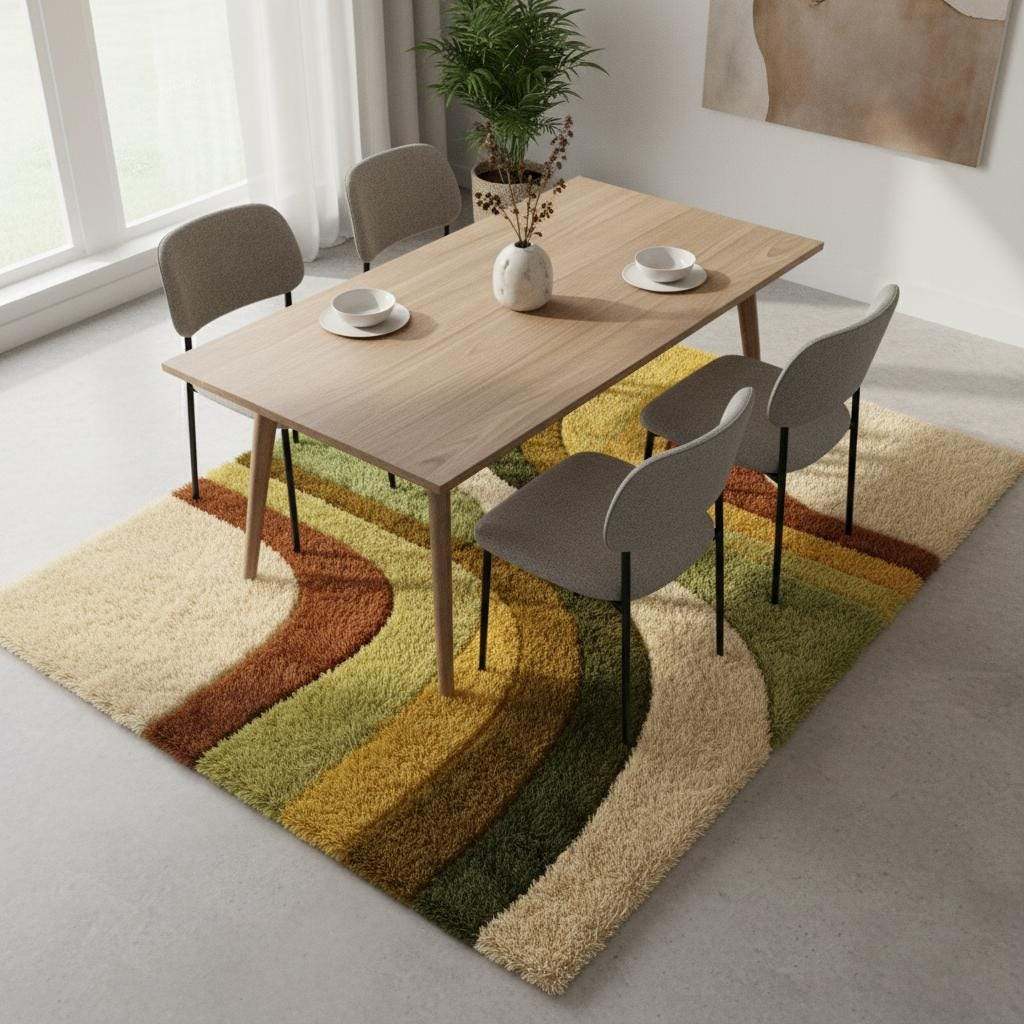 Modern boho area rug with mid century curves, cozy shag pile, and warm neutral color palette