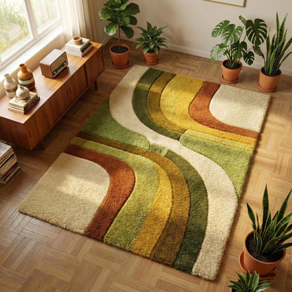Retro boho area rug with plush shag texture and earth tone abstract wavy pattern