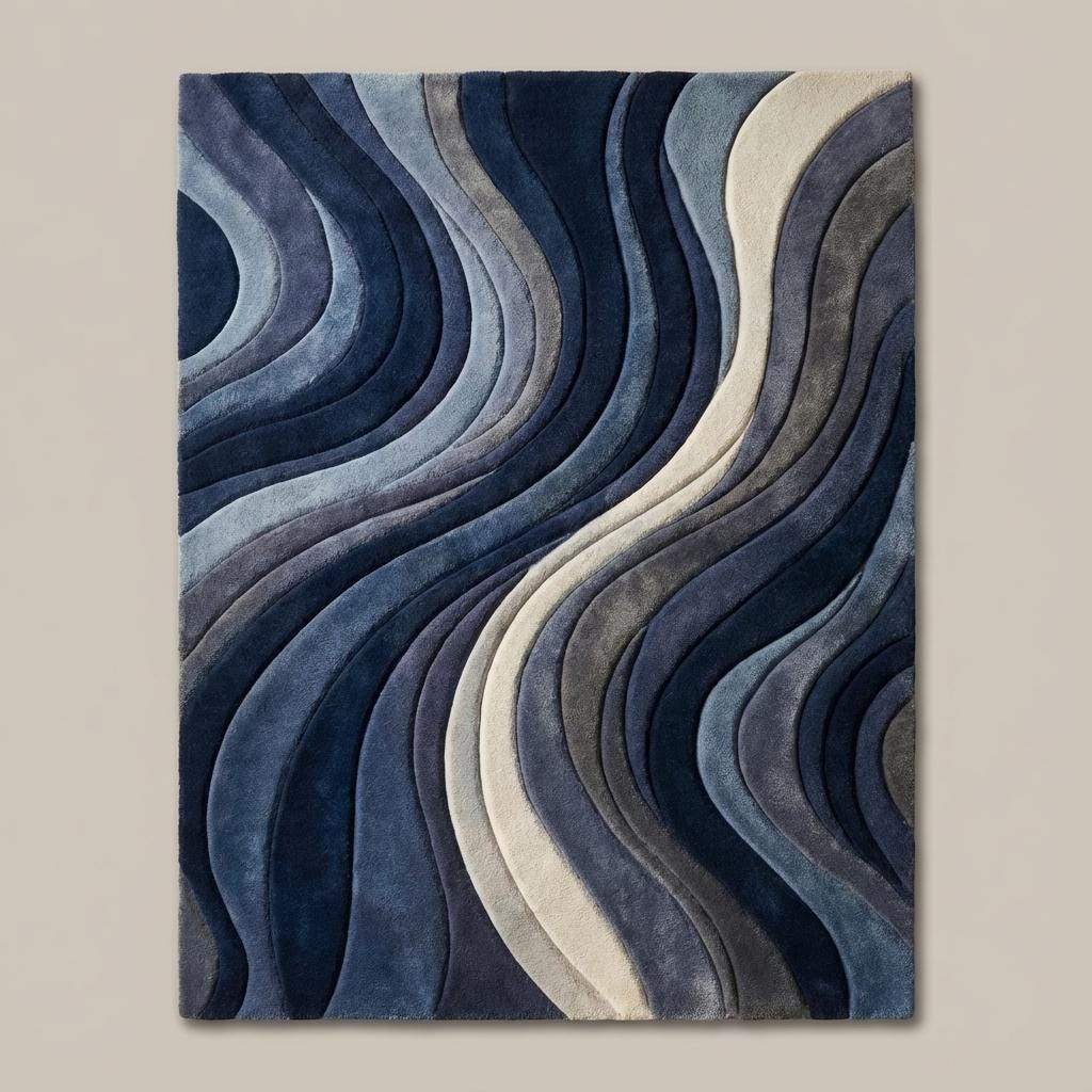 Navy and gray sculpted wave rug featuring high low pile design for modern home decor