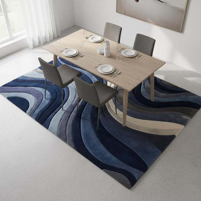 Mid Century Modern Rug with blue sculpted wave pattern and plush textured surface